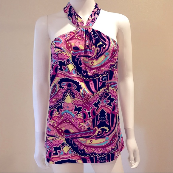 JLO Jennifer Lopez Summer Halter Top Womens Medium Psychedelic Pink Black Yellow - Picture 5 of 10